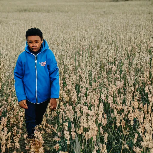 Image similar to destiny ( steven bonnell ii ) in a blue jacket walking in a field, 5 0 mm sigma lens, sony a 7 siii