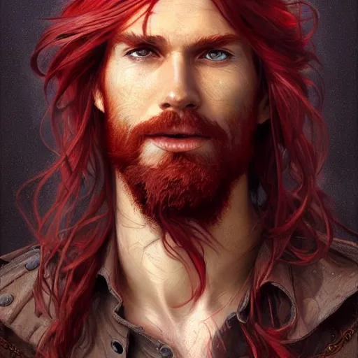 Prompt: portrait of a young ruggedly handsome but joyful pirate, male, masculine, upper body, red crimson hair, long flowing hair, fantasy, smirk, intricate, elegant, highly detailed, digital painting, artstation, concept art, matte, sharp focus, illustration, art by artgerm and greg rutkowski and alphonse mucha