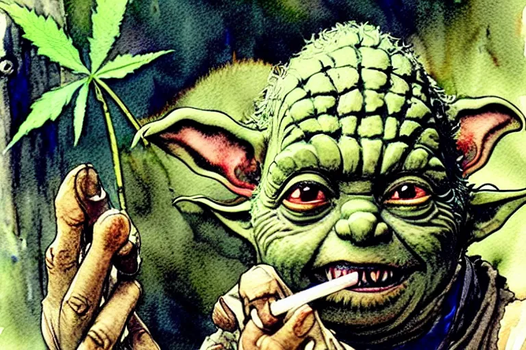 Image similar to a realistic and atmospheric watercolour fantasy character concept art portrait of yoda with bloodshot eyes laughing holding a blunt with a pot leaf nearby, by rebecca guay, michael kaluta, charles vess and jean moebius giraud