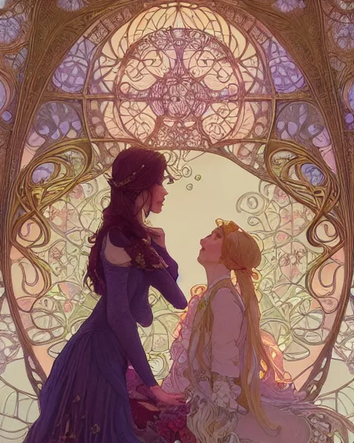 Image similar to secret romance, highly detailed, very intricate, art nouveau, gold filigree, romantic storybook fantasy, soft cinematic lighting, award - winning, disney concept art watercolor illustration by mandy jurgens and alphonse mucha and alena aenami, pastel color palette, featured on artstation