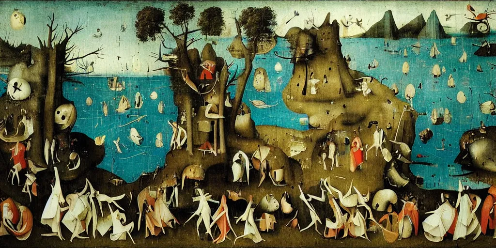 Prompt: in the endless forest there was a blue sea, and five men in suits stood evenly, holding out their hands in the direction of the sea ， by hieronymus bosch