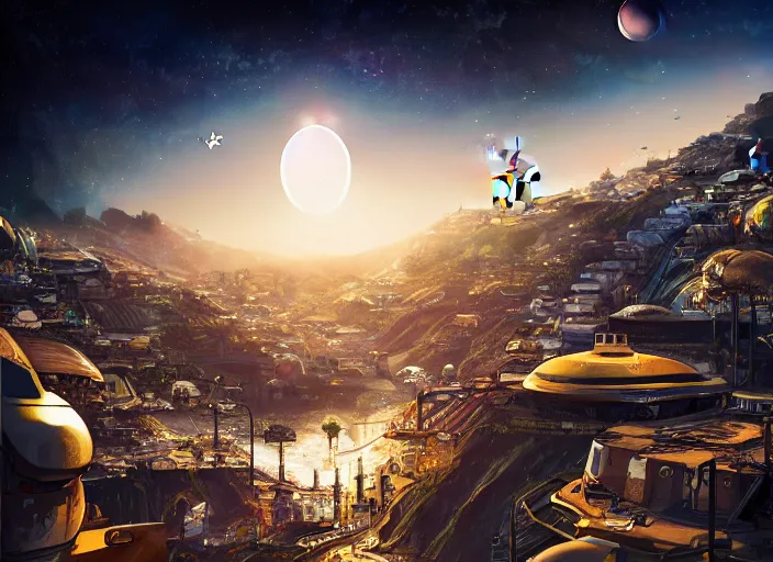 Image similar to favela spaceport, outer space environment, scenery, professional, award - winning, trending on artstation, hyper detailed, realistic, beautiful, emotional, shiny, golden, picture