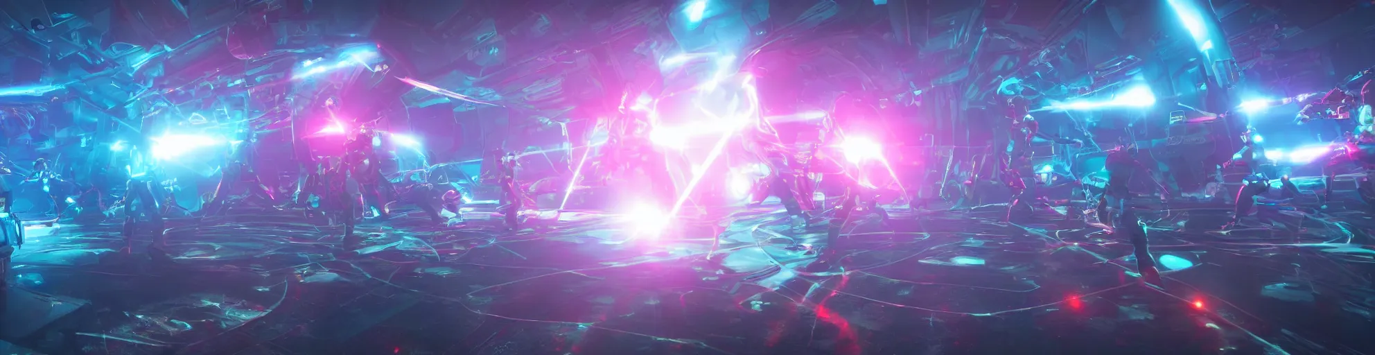 Image similar to futuristic spacemen firing lasers in zero gravity, skintight suits, floating polygon shapes as obstacles, surrounded by a laser grid, unreal engine, lensflare, glow, bloom, neon