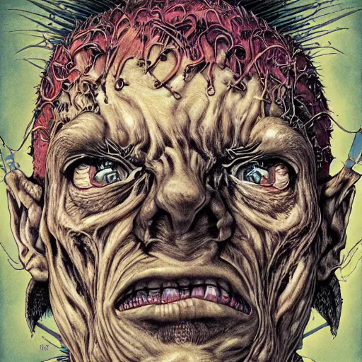 Image similar to portrait of crazy frankenstein, symmetrical, by yoichi hatakenaka, masamune shirow, josan gonzales and dan mumford, ayami kojima, takato yamamoto, barclay shaw, karol bak, yukito kishiro