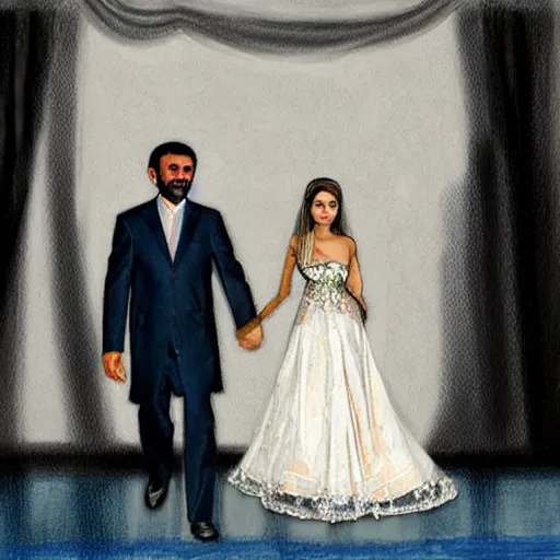 Image similar to ahmadinejad wearing a bride dress, photorealist, 4 k
