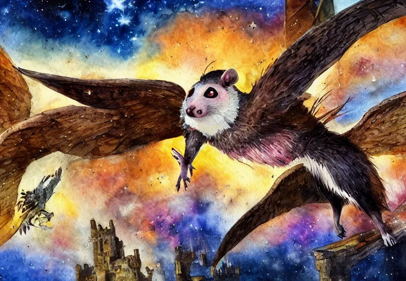 Prompt: legendary colorful winged possum flying over a medieval castle under a dark starred sky, dark fantasy, watercolor, dreaming illusion, highly detailed, 4k, trending on Artstation, award-winning