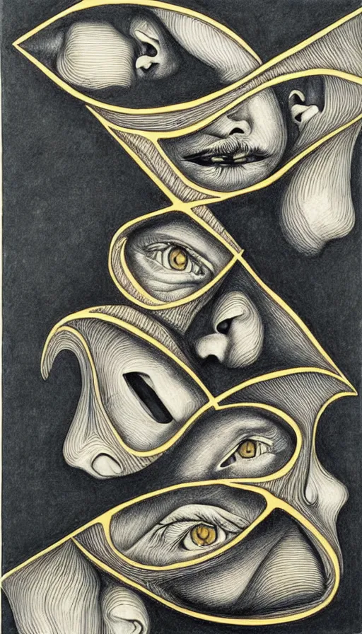 Image similar to M. C. Escher's mind drawn by M. C. Escher, gold paint, ink