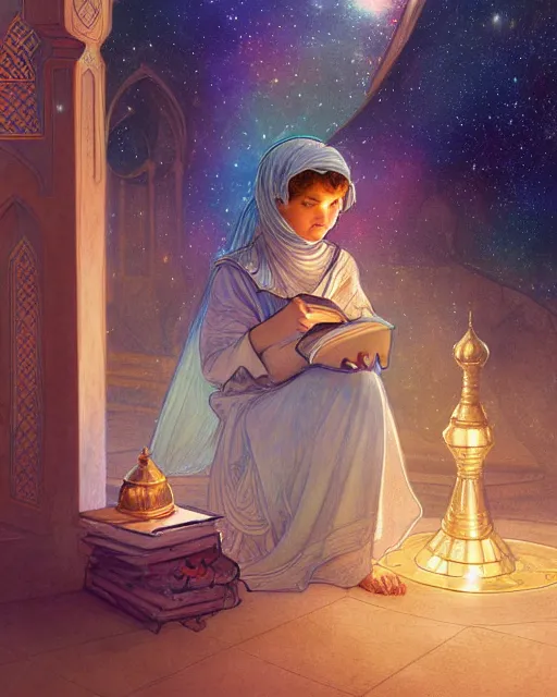 Image similar to bedouin child reading the quran inside of the mosque in the galaxy surrounded by nebula, highly detailed, gold filigree, romantic storybook fantasy, soft cinematic lighting, award, disney concept art watercolor illustration by mandy jurgens and alphonse mucha and alena aenami, pastel color palette, featured on artstation