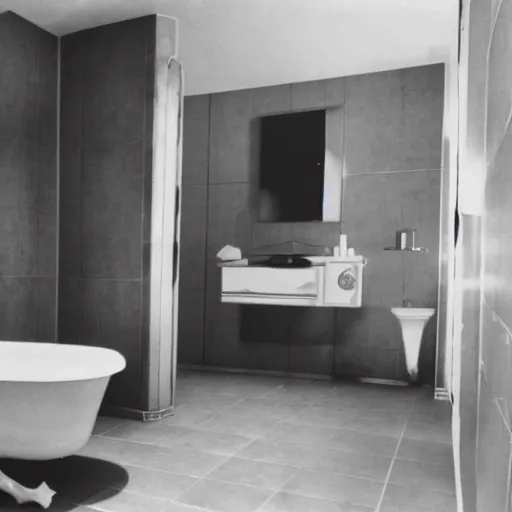 Prompt: a 1960s bathroom cinematic shot