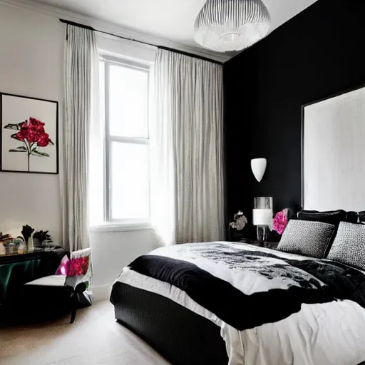 Prompt: bedroom, interior design, stylish luxury hotel bedroom design, feminine, black walls, art, vase with flowers, Japanese and Scandinavian influences