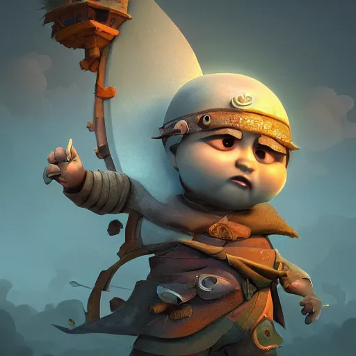 Prompt: little warrior 3 d concept by gediminas pranckevicius, game art, ultra wide angle, hyper detailed, character modeling, cartoon, cinematic, raytrace, concept art, trend on behance 3 d art, v - ray, maya, c 4 d