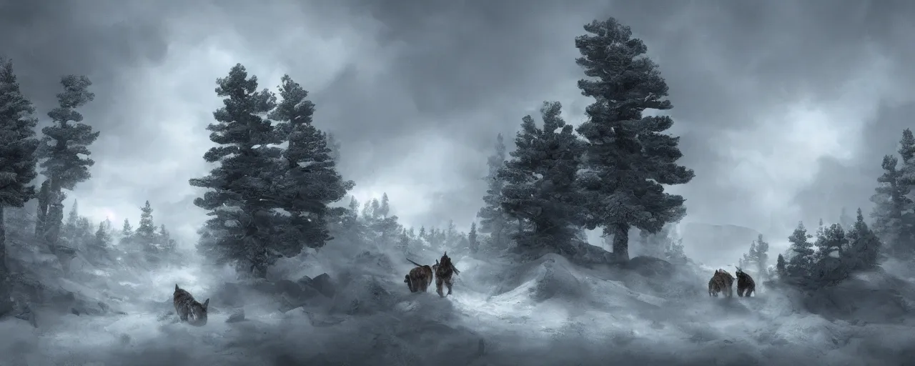 Prompt: wide shot of cat soldiers traveling in tundra between pine trees underneath big mountains with giant clouds, digital painting by rembrandt, volumetric lighting, concept art, artstation, epic 8 k