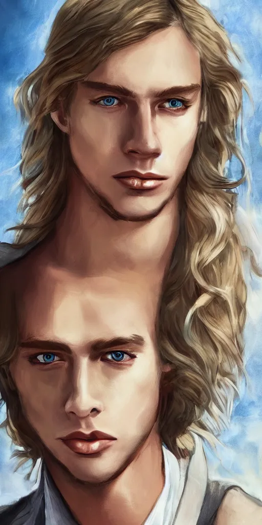 Image similar to portrait of a handsome gorgeous male satanic dirty blonde haired hippie that looks like cody fern with a straw jawline with long hair and blue eyes as the human prince of satan and lucifer, artstation