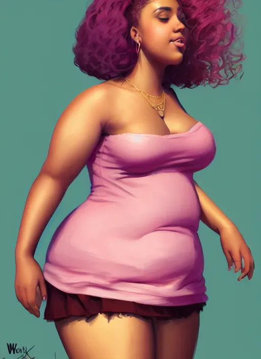 Image similar to full body portrait, teenage vanessa morgan, pink hair, brown skin, obese, curly pixie hair, sultry, realistic, short hair, hoop earrings, skirt, shirt, fat, belly, intricate, elegant, highly detailed, digital painting, artstation, concept art, smooth, sharp focus, illustration, art by wlop, mars ravelo and greg rutkowski