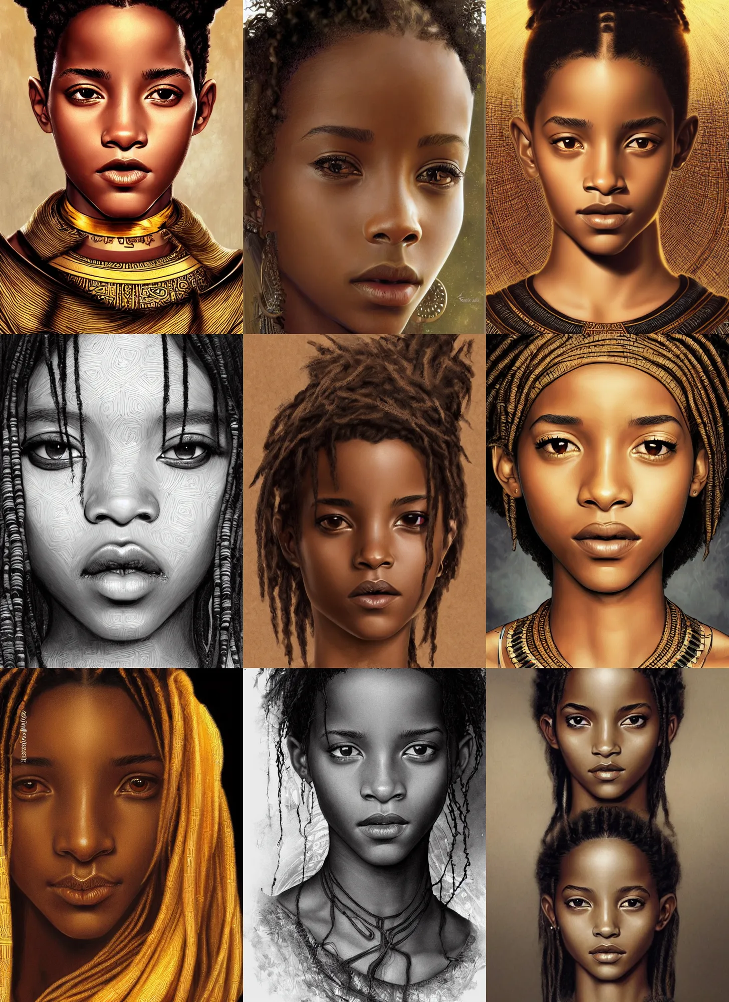 Prompt: black african emma watson willow smith symmetrical portrait close - up, egyptian girl, intricate, highly detailed, digital painting, artstation, concept art, smooth, sharp focus, illustration, orientalism, edwin long, bouguereau, rutkowski, aleksi briclot, mucha