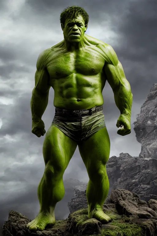 Prompt: yan mcgregor dressed like the hulk, 8 k, hdr, great light, gustave courbet, annie leibowitz