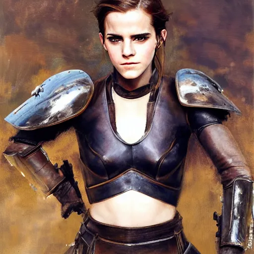 Image similar to close up of emma watson in full leather armor, cinematographic shot, by daniel f. gerhartz