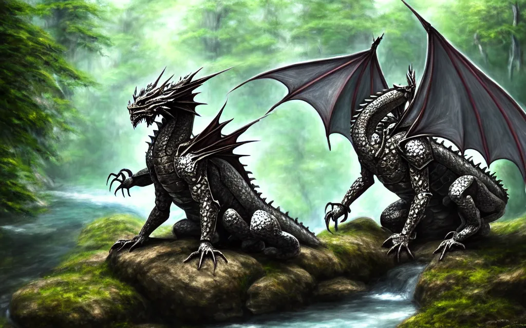 Prompt: One dragon dressed in armor sitting on a rock within a woodland creek, highly detailed, trending on pixiv, realistic oil paint artwork made in 2020.