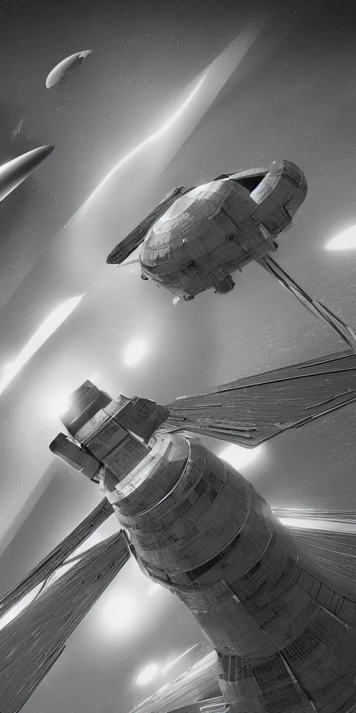 Image similar to hugh ferriss spaceship launch, 3 d, octane, b + w, smooth, pixar,