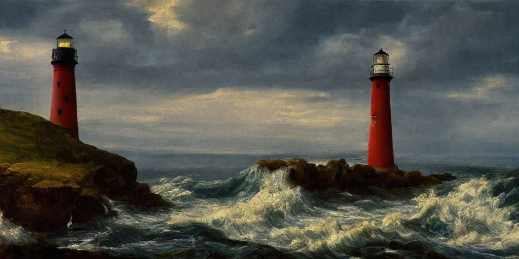 Prompt: landscape of a lighthouse in a rough sea, well lit, detailed, cinematic lighting, pre - raphaelite, oil painting