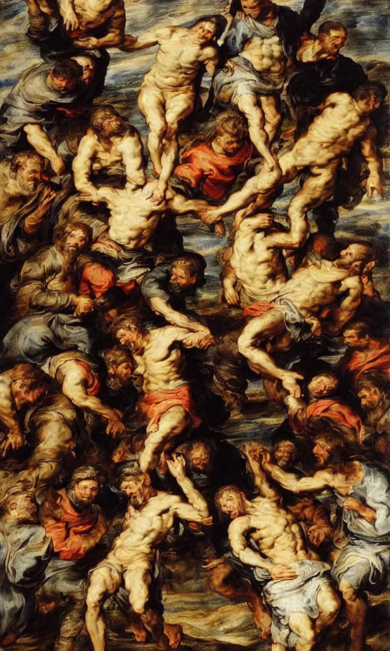 Prompt: a highly realistic oil painting of The Descent from the Cross, vey detailed faces, landscape background, by Rubens