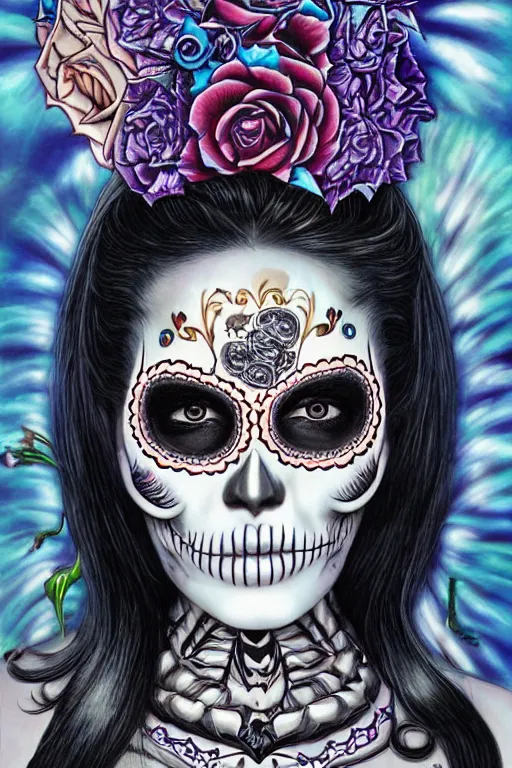 Image similar to illustration of a sugar skull day of the dead girl, art by hajime sorayama