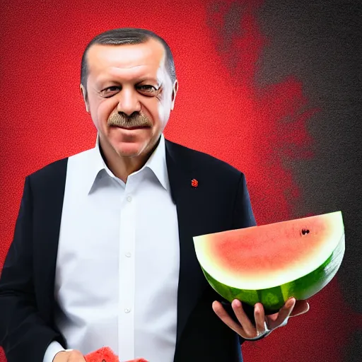 Image similar to recep tayyip erdogan smiling holding watermelon, studio photograph, hd, studio