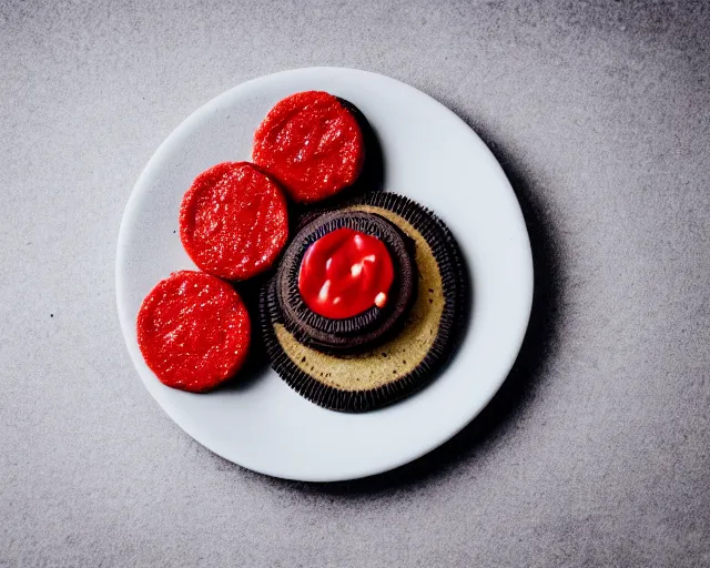 Image similar to dlsr food photograph of an oreo dipped in ketchup, on a white platebokeh, 5 0 mm f 1. 4