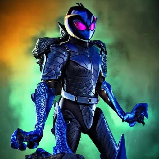 Image similar to High Fantasy Kamen Rider, 4k, glowing eyes, rock quarry location, daytime, rubber suit, dark blue segmented armor, dragon inspired armor