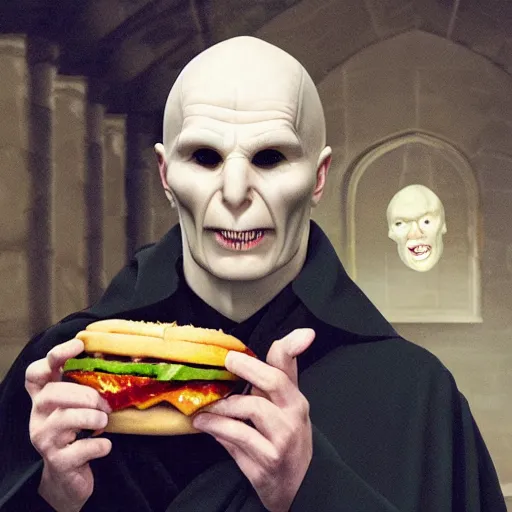 Prompt: Lord Voldemort eating a cheeseburger, photo realistic, award-winning, highly-detailed, epic, cinematic, dramatic