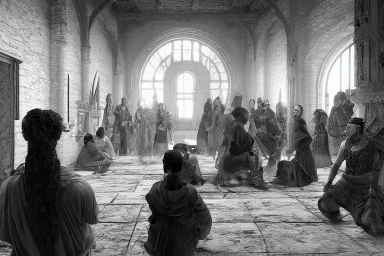 Image similar to still photo of 8 th century people looking shocked at the camera, black and white color aesthetic, highly detailed, photorealistic portrait, bright studio setting, studio lighting, crisp quality and light reflections, unreal engine 5 quality render
