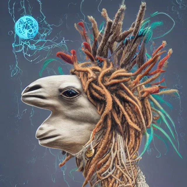 Image similar to llama with dreadlocks, by mandy jurgens, ernst haeckel, james jean. scifi