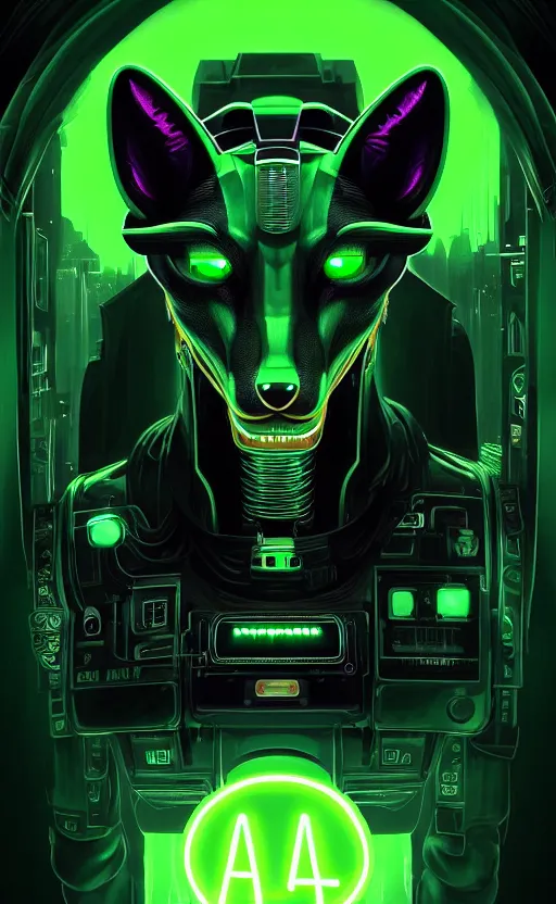 Image similar to poster style, a beautiful and terrifying painting with high details a digital portrait of cyber anubis with robotic jackal head in style of green neon, cyber noir, movie atmosphere, movie lights, 8 k, light effect, rtx on, trending on artstation, by kilian eng, lee madgwick, bastien lecouffe - deharme