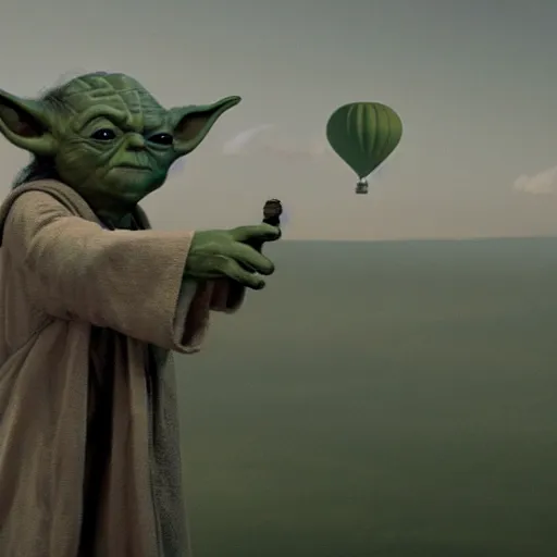 Prompt: film still of yoda flying in a hot air balloon in the new star wars movie 4 k