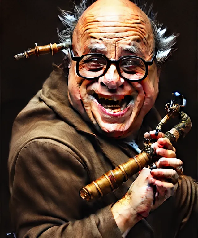 Image similar to danny devito as a fantasy goblin smoking a pipe, portrait, fantasy, intricate, elegant, highly detailed, digital painting, artstation, concept art, smooth, sharp focus, illustration, art by artgerm and greg rutkowski and alphonse mucha