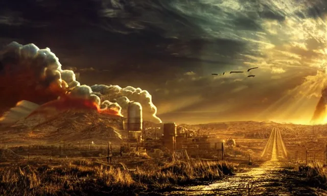 Prompt: post apocalyptic landscape, there is a nuclear explosion in the background, few sun rays, wallpaper, photo, hd, high detailed