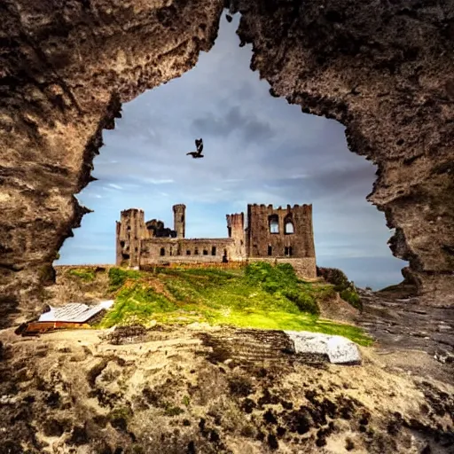 Prompt: Castle on the edge of a cliff with a lot of fields outside the caste. walls, dystopia, dark atmosphere, sunset, bird's-eye view, high detail