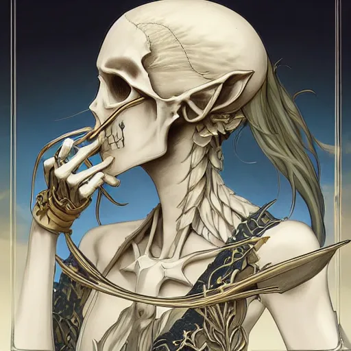 Image similar to anime manga skull profile young woman skeleton, elf, galadriel, Tolkien, unreal engine, intricate, elegant, highly detailed, digital art, art by JC Leyendecker and sachin teng