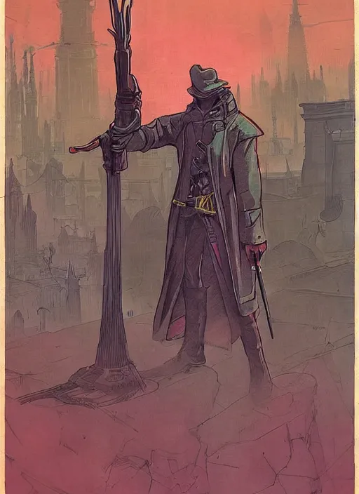 Prompt: a retrofuturism hunter from bloodborne in yharnam, style by retrofuturism, faded red and yelow, by malcolm smith, old comics in city, nicholas roerich