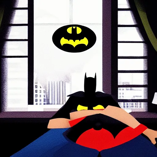 Image similar to man sleeping in bed with batman lurking menacingly in the window. artstation