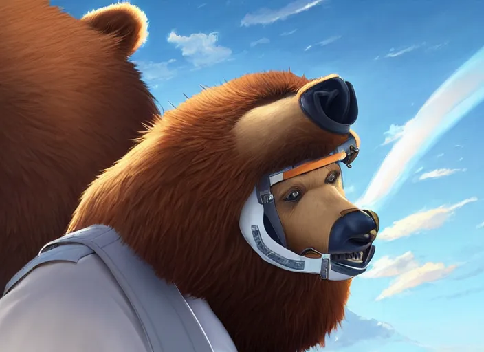 Prompt: character portrait feature of the anthro male anthropomorphic kamchatka brown bear fursona wearing white airline pilot outfit uniform professional pilot for delta airlines character design stylized by charlie bowater, ross tran, artgerm, and makoto shinkai, detailed, soft lighting, rendered in octane