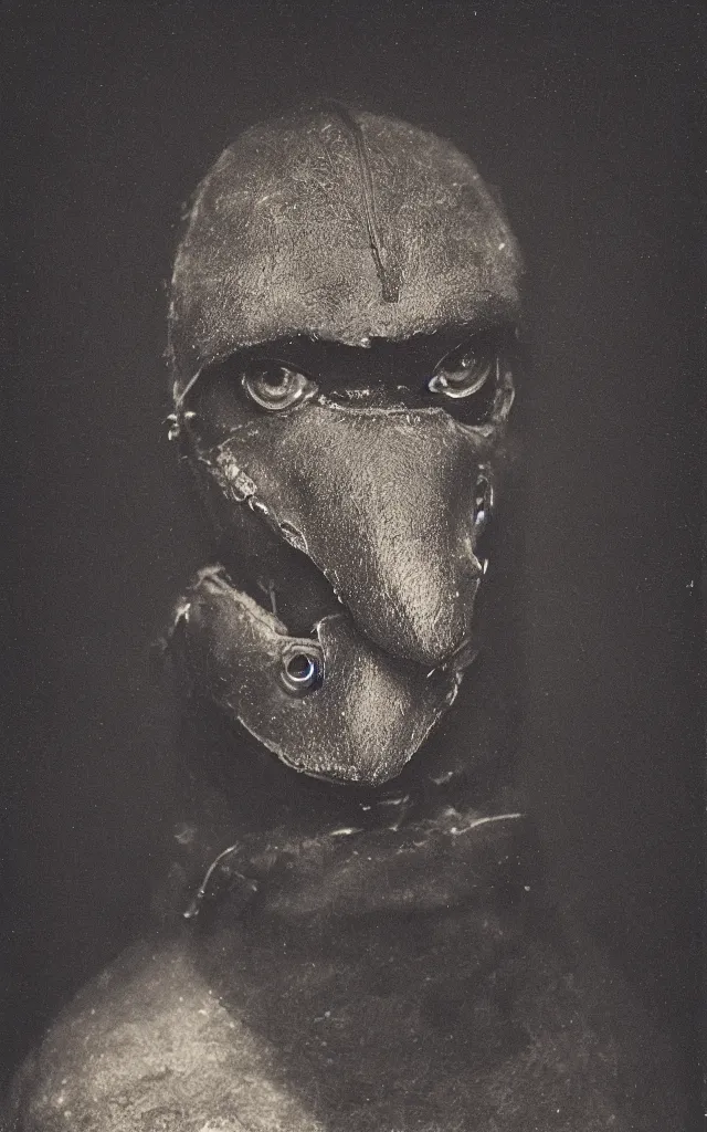 Prompt: portrait of a humanoid crow wearing a man face as mask, daguerreotype, studio lighting, hyperrealistic, ultra detailed