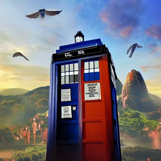 Prompt: Doctor Who in Brazil, TARDIS, Brazilian flag, Christ the Redeemer in the background