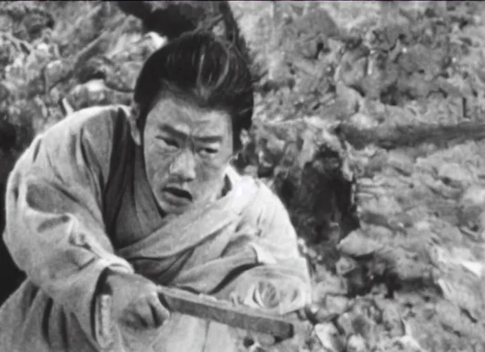 Image similar to a movie still of a samurai slicing through a loaf of bread by Akira Kurosawa