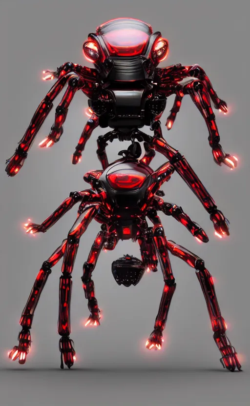 Image similar to a robot humanoid spider with 4 arms with claws, glowing red eyes, in a black carbon and red fiber armor, smiling creepily, dynamic lighting, photorealistic fantasy concept art, trending on art station, stunning visuals, creative, cinematic, ultra detailed