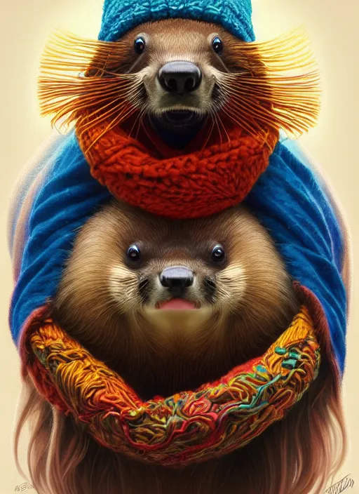 Image similar to symmetry!! portrait of smiling beaver!! big teeth! wearing a colorful beanie!, scarf!, long curly hair intricate, elegant, highly detailed, digital painting, artstation, concept art, smooth, sharp focus, illustration, art by artgerm and greg rutkowski and alphonse mucha, 8 k