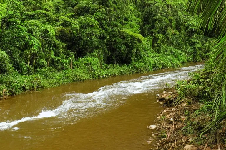 Prompt: gentle river flowing through the amazon jungle