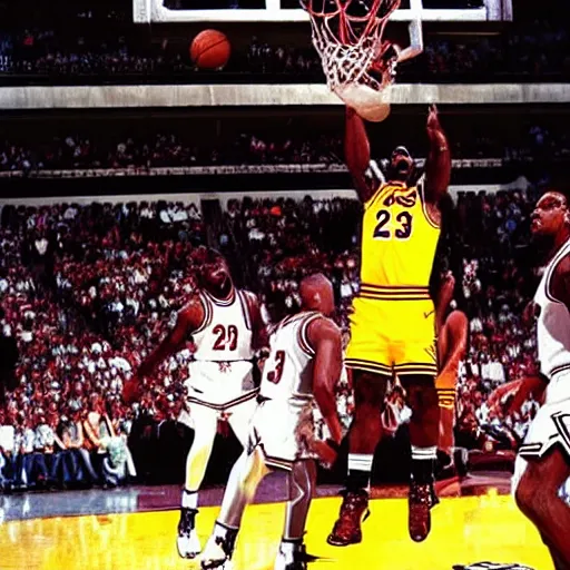 Prompt: lebron James posterizing Michael Jordan, sports photography,