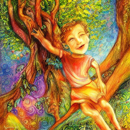 Prompt: a painting of a child and a tree, a storybook illustration by josephine wall, deviantart, metaphysical painting, storybook illustration, detailed painting, whimsical