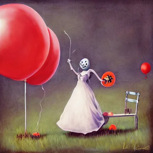 Image similar to grunge painting of a picnic with a wide smile and a red balloon by chris leib, loony toons style, pennywise style, corpse bride style, horror theme, detailed, elegant, intricate, conceptual, volumetric light